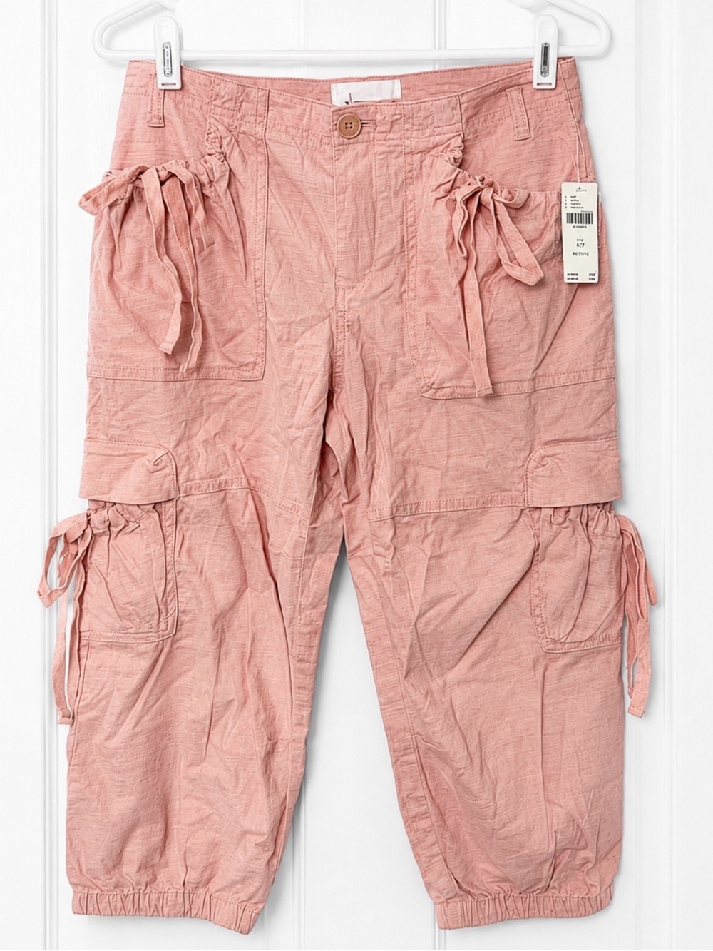 Anthropologie NWT Pink Cargo Capri Pants Tie Pocket Utility Crop Size 4P